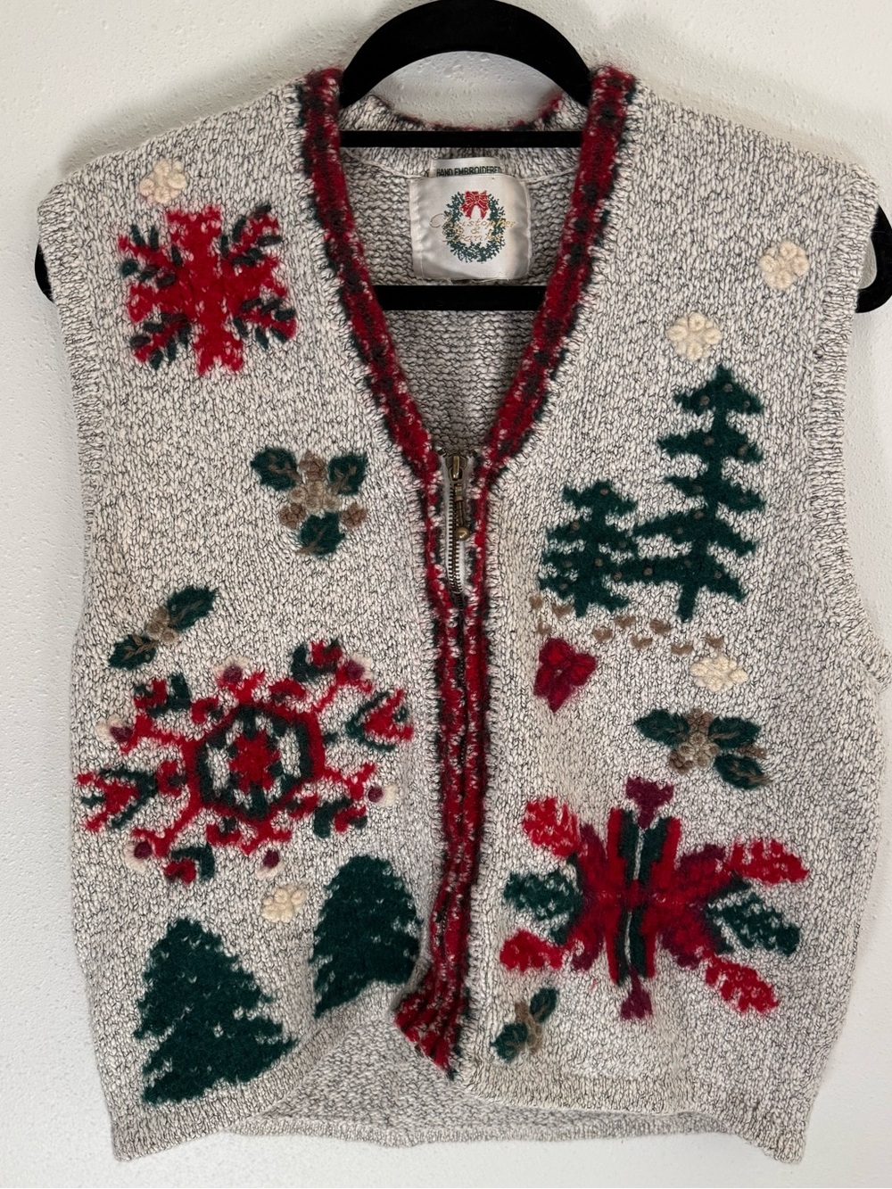 Vintage Hand Embroidered Christmas Sweater Vest Large 90s Holiday Knit